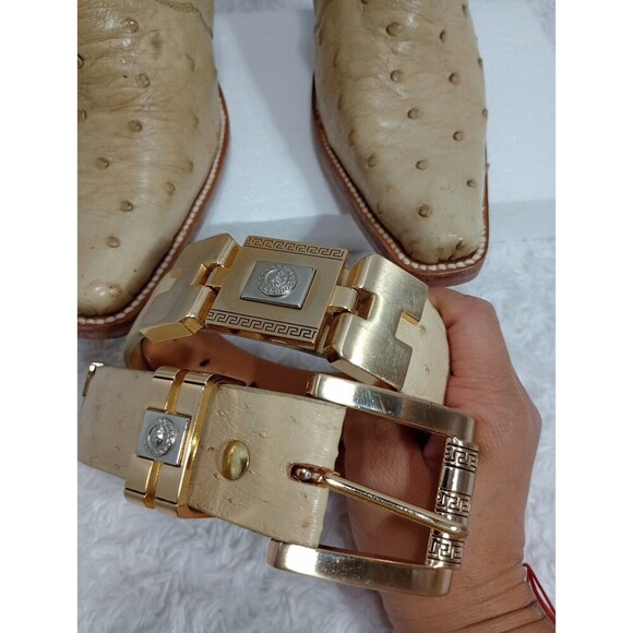 MEXICAN WOMEN'S HEELED ANKLE BOOTS & BELT Beige/Tan Color OSTRICH - Picture 6 of 16